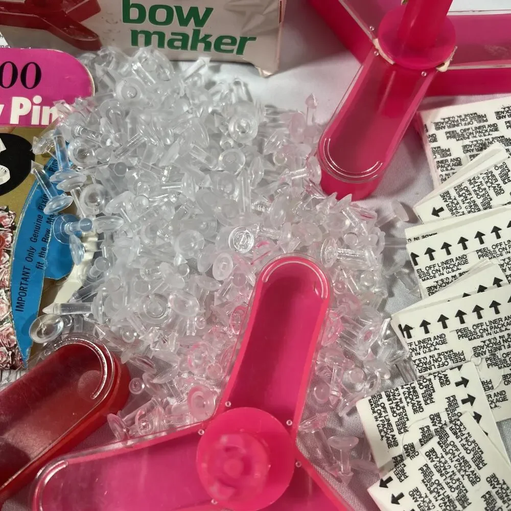 Vintage BIG LOT Pixie Bow Maker Kit 100s Bow Pins & Instructions Pink Red